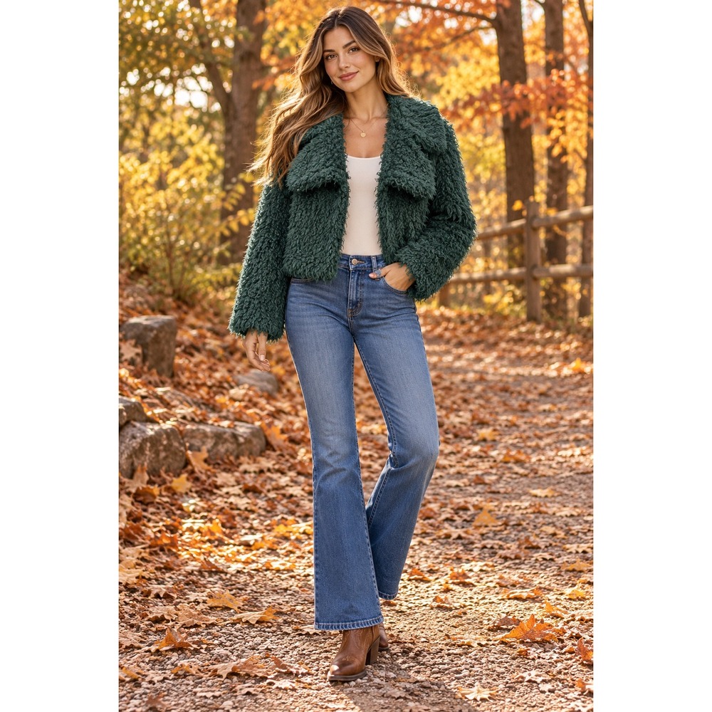 Settledown Forest Green Faux Fur Shaggy Cropped Jacket Coat Womens Medium